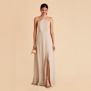 Azazie size 8 Cream Juliet Dress High Neck Halter Floor Length Bridesmaid Dress